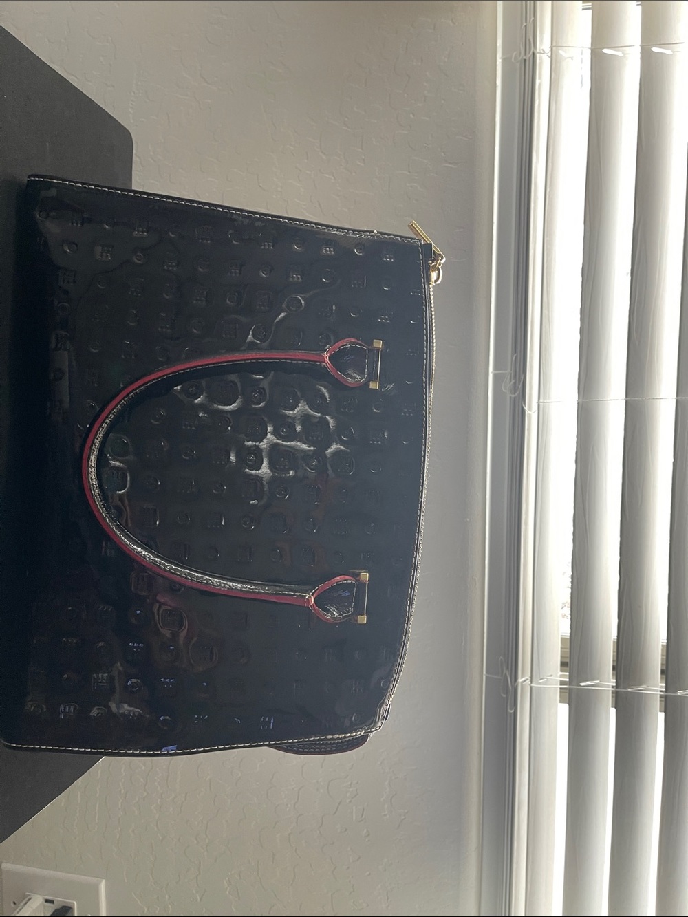 Arcadia Black Patent Tote Bag with Red-Trim Handles. Made in Italy